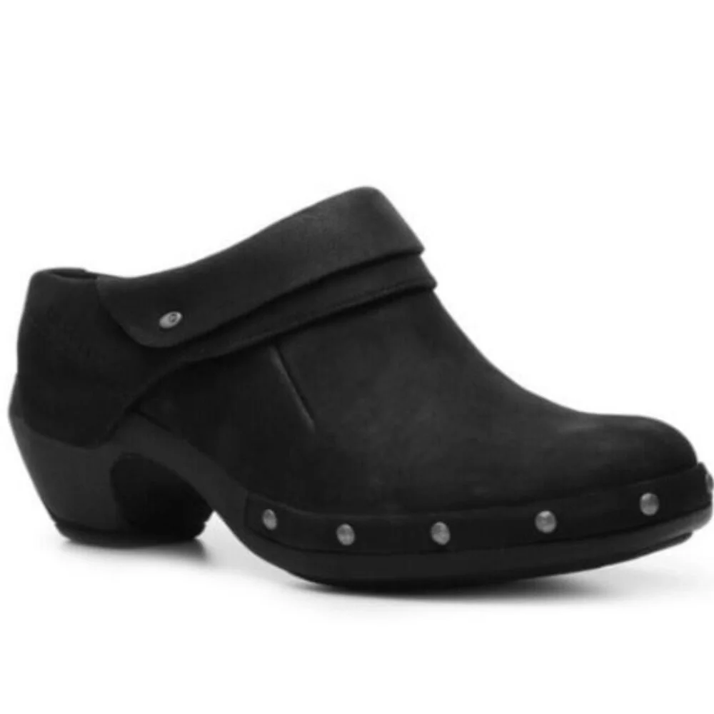 Merrell Black Luxe Leather Wrap 2.5” Slip On Clog w Nickel Stud Accents Size 11 - Picture 1 of 14
